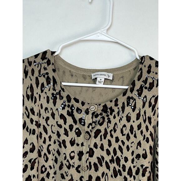 Susan Graver Cardigan Sweater Button Front Animal Leopard Print Sequin Med - Picture 5 of 9